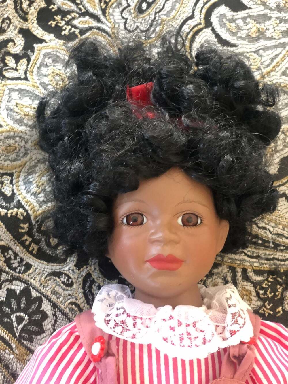 Vintage Porcelain African American Collector Doll with Curly Black Hair